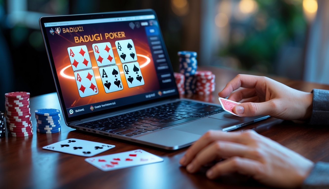 Seorang pemain poker sedang menganalisis kartu Badugi di depan laptop dengan chip dan kartu di meja kayu.