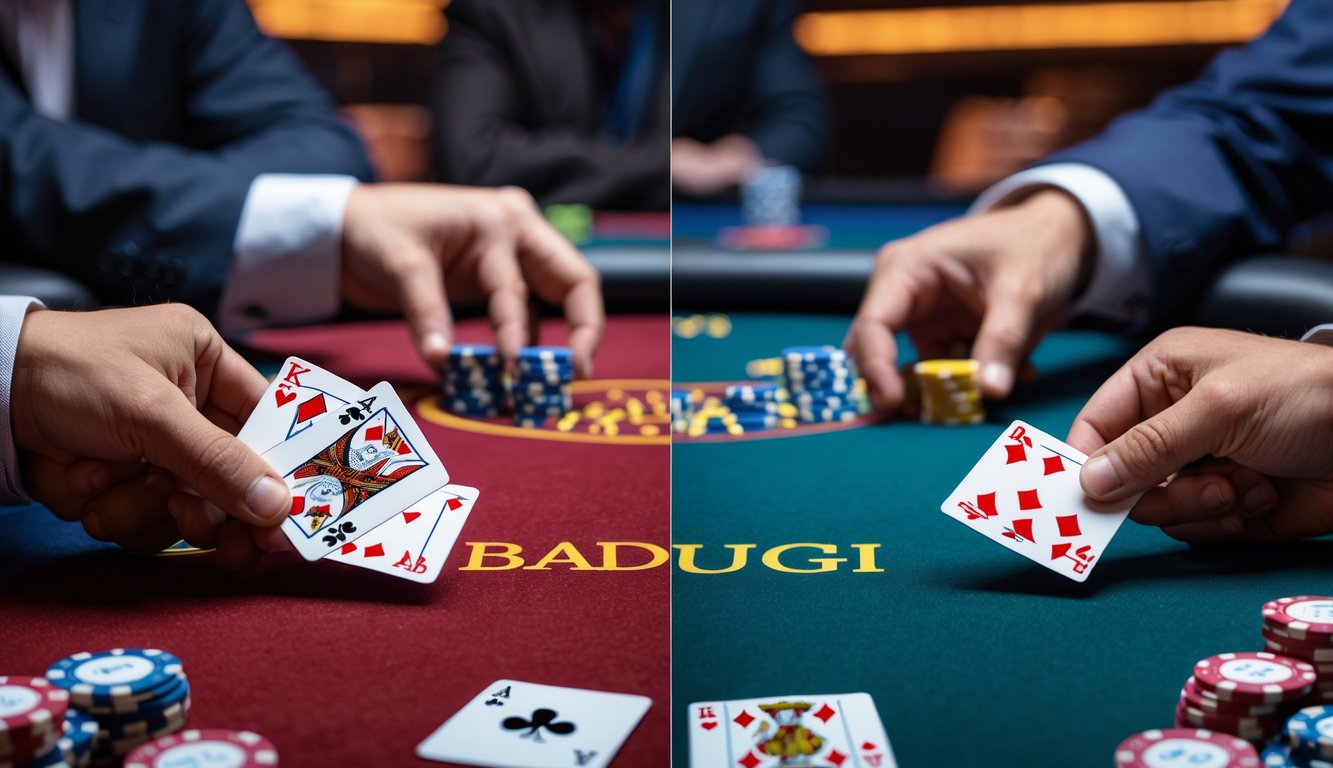 Meja poker dengan dua pemain yang memegang kartu berbeda, satu dengan kartu Badugi dan satu dengan kartu Texas Hold’em, di lingkungan kasino.