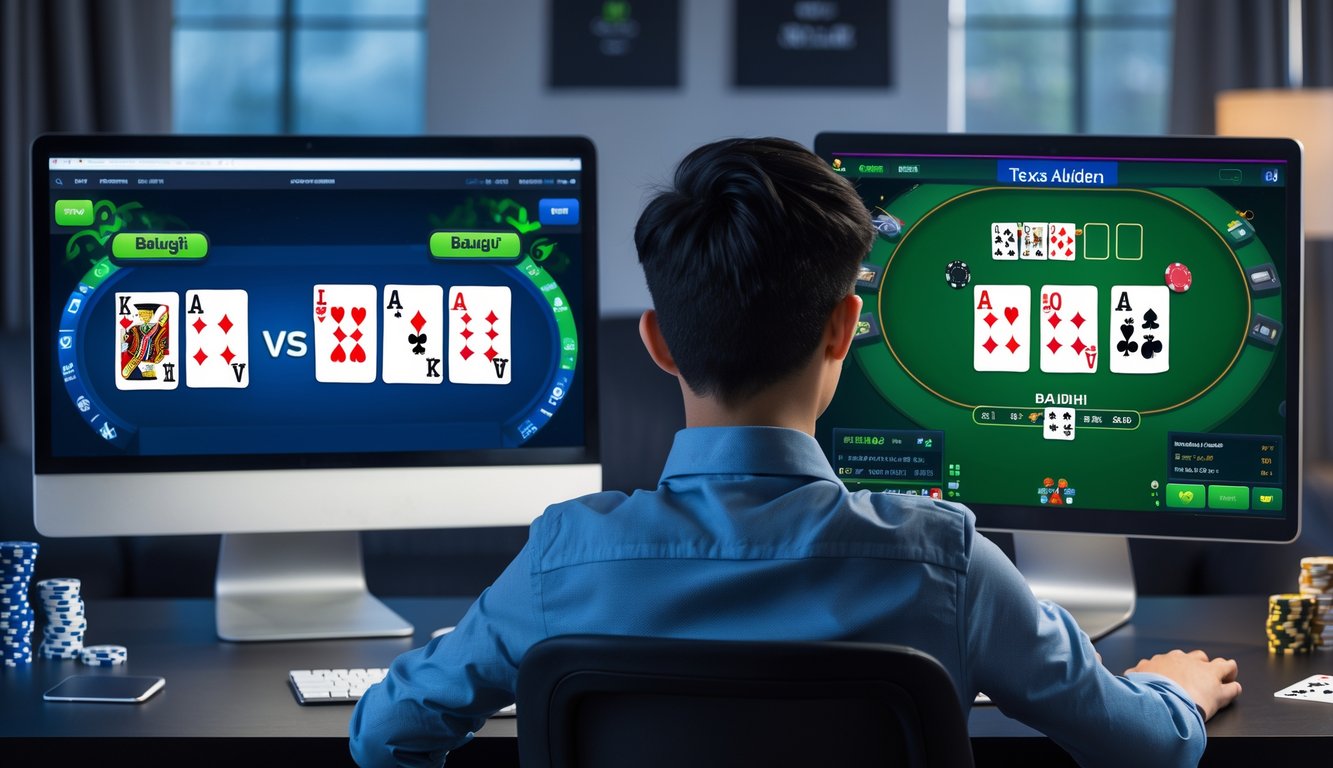 Seorang pemain muda sedang bermain poker online dengan dua layar komputer yang menampilkan permainan Badugi dan Texas Hold’em secara berdampingan.