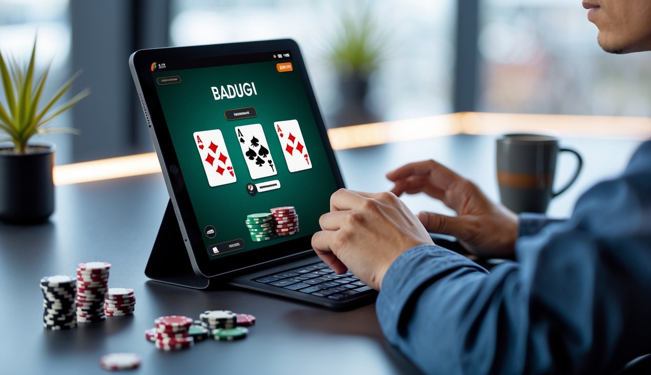 Seseorang sedang bermain poker online Badugi dengan ekspresi fokus di depan tablet, di meja dengan chip poker dan kartu terlihat di layar.