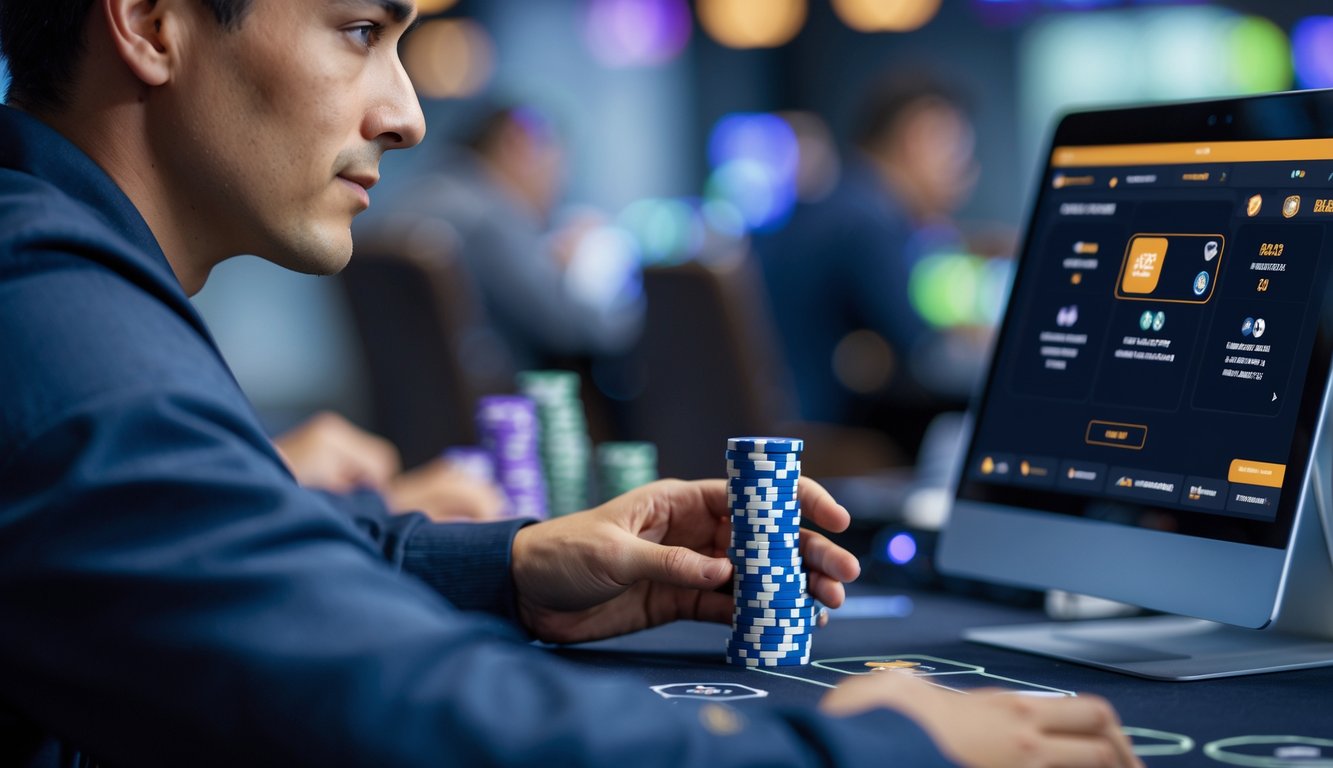 Seorang pemain poker fokus bermain poker online Badugi dengan tumpukan chip kecil di meja permainan digital.