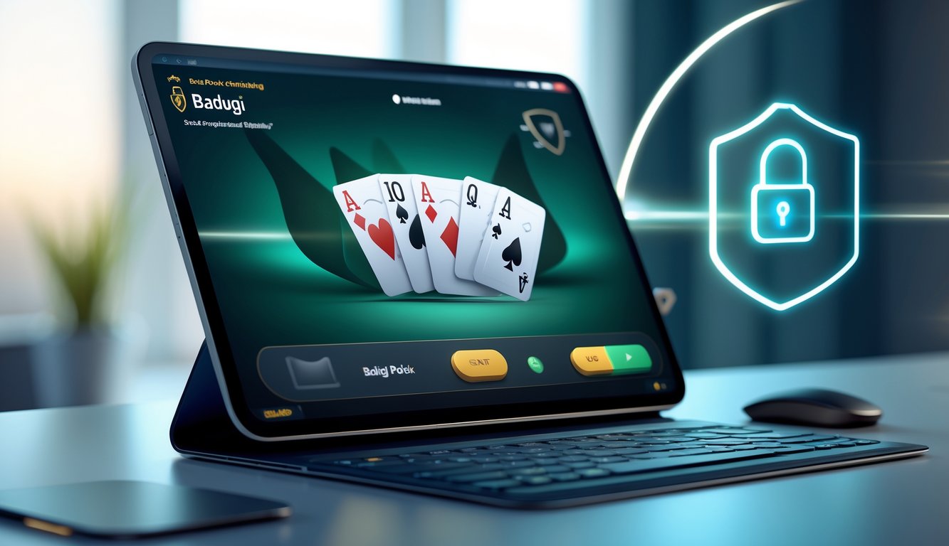 Seorang pemain poker online menggunakan tablet dengan tampilan permainan kartu Badugi di layar dalam suasana ruangan modern dan terang.