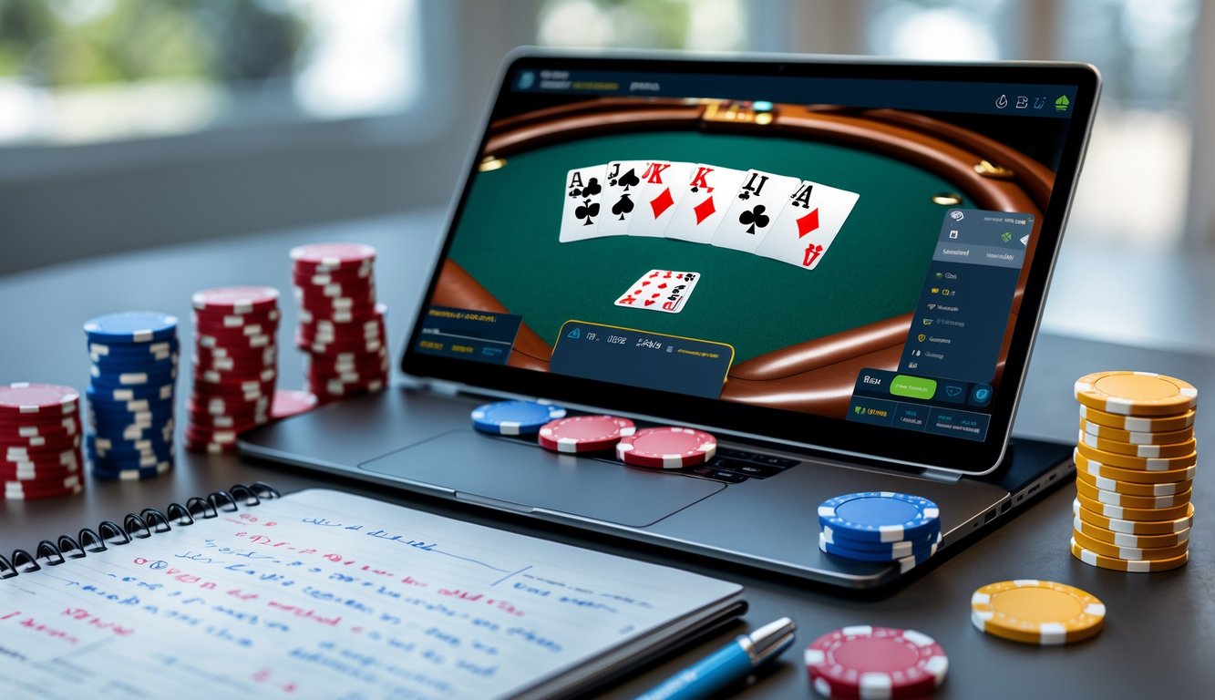 Seorang pemain poker online sedang menghitung peluang kartu Badugi dengan laptop, kartu, chip poker, dan catatan di meja.