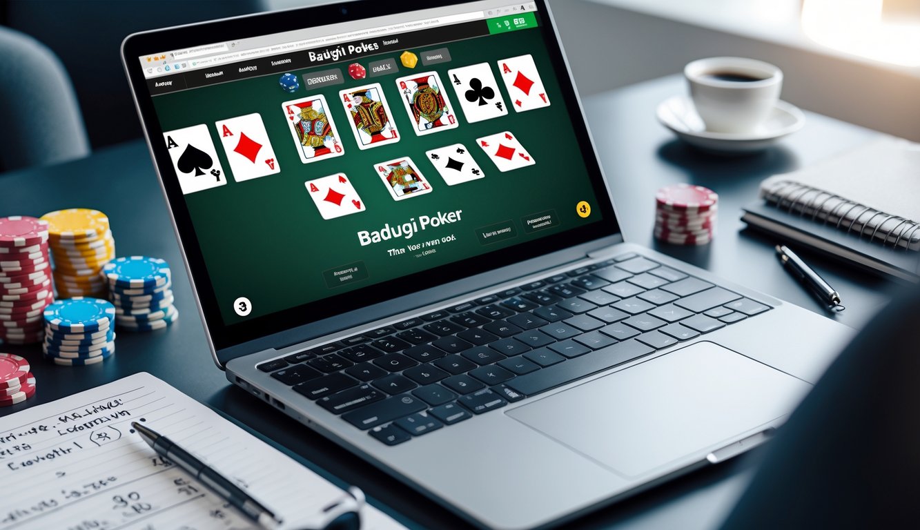 Seorang pemain poker online sedang menghitung peluang kartu Badugi dengan layar komputer menampilkan permainan dan chip poker di meja.