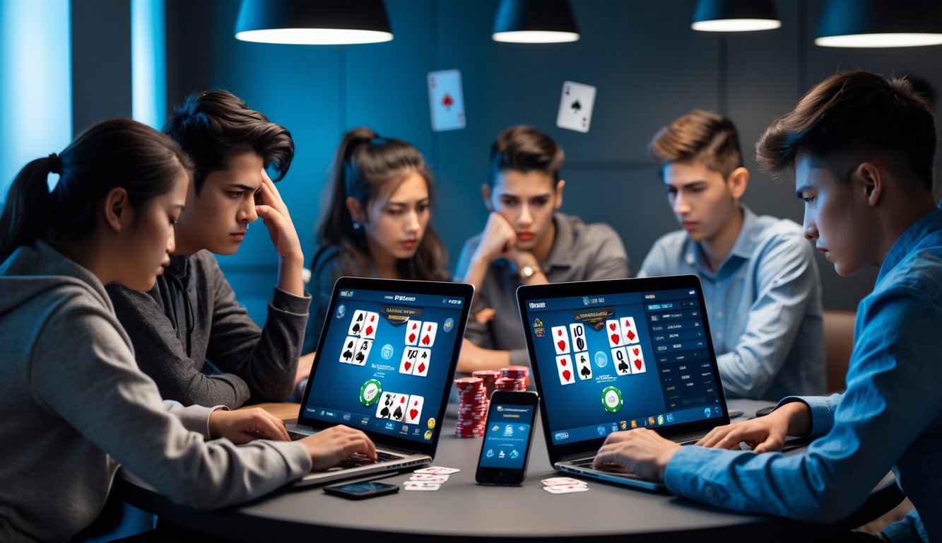 Beberapa orang muda bermain poker online Badugi di meja dengan laptop dan ponsel, salah satu pemain terlihat kecewa sementara yang lain fokus melihat layar.
