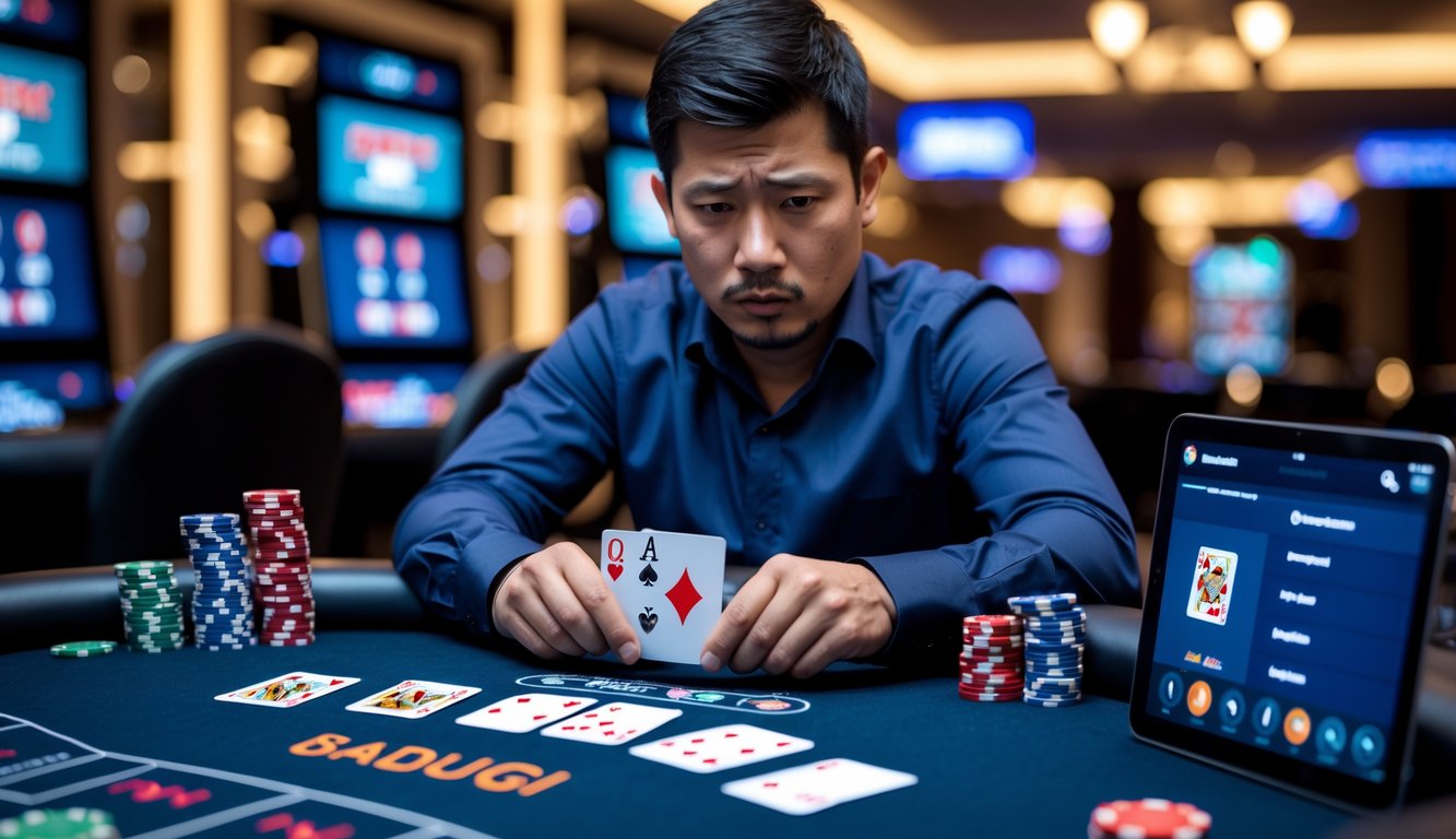 Seorang pemain poker serius duduk di meja poker dengan kartu dan chip, fokus bermain poker Badugi online.