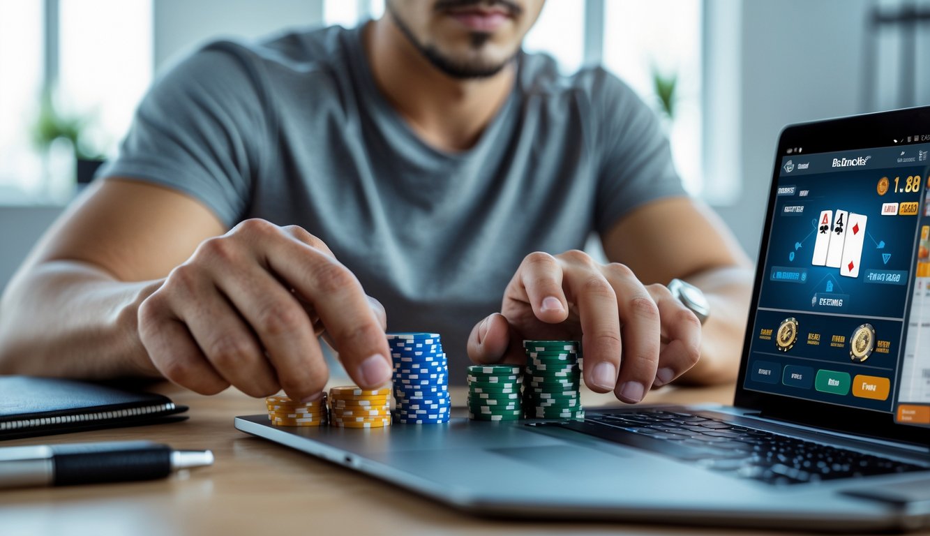 Seorang pria muda fokus bermain poker online dengan laptop dan mengatur chip poker di meja yang rapi.