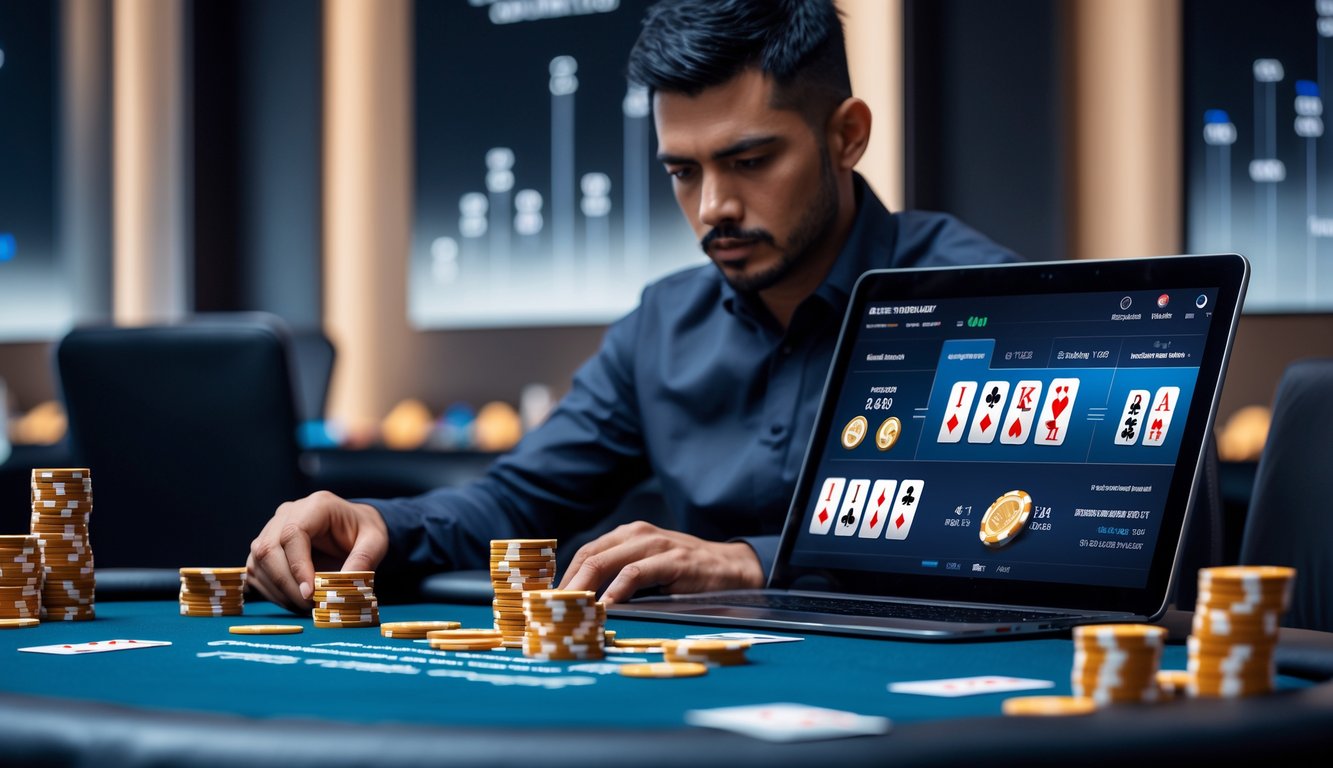 Seorang pemain poker duduk di meja dengan chip dan perangkat digital yang menampilkan permainan Badugi, menunjukkan manajemen modal saat bermain poker online.