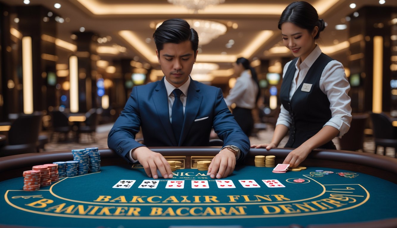 Seorang pemain pemula yang berpakaian rapi sedang fokus bermain Baccarat di meja kasino dengan dealer dan suasana mewah di latar belakang.