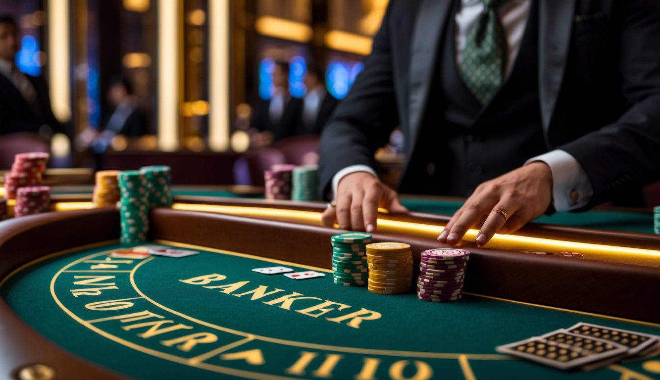 Meja baccarat dengan kartu dan chip yang tertata rapi, seorang dealer berpakaian formal sedang mengelola permainan di latar belakang.