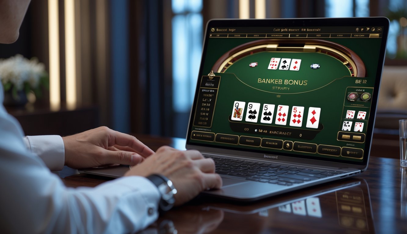 Seorang pemain fokus melihat layar laptop dengan permainan baccarat online dan pola kemenangan banker bonus yang terlihat di layar.
