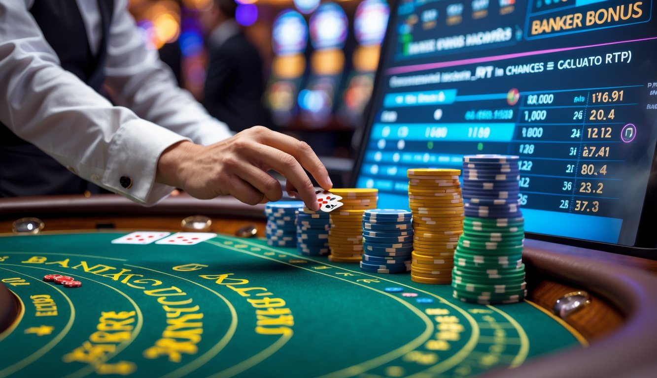 Meja permainan Baccarat dengan kartu dan chip taruhan, tangan sedang memasang taruhan pada area Banker Bonus, serta layar menampilkan data statistik peluang dan RTP.