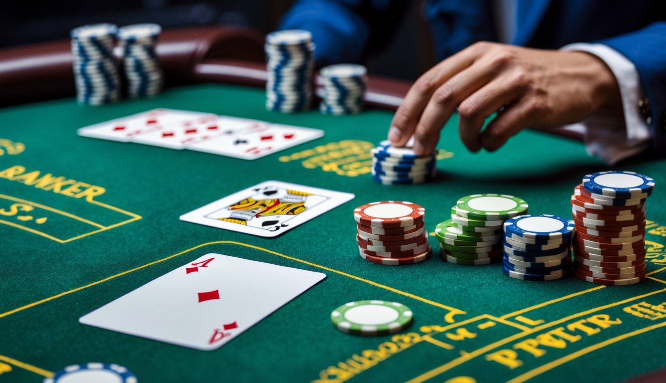 Meja baccarat dengan kartu dan chip taruhan yang tertata rapi, tangan dealer sedang meletakkan chip pada area taruhan Banker Bonus.
