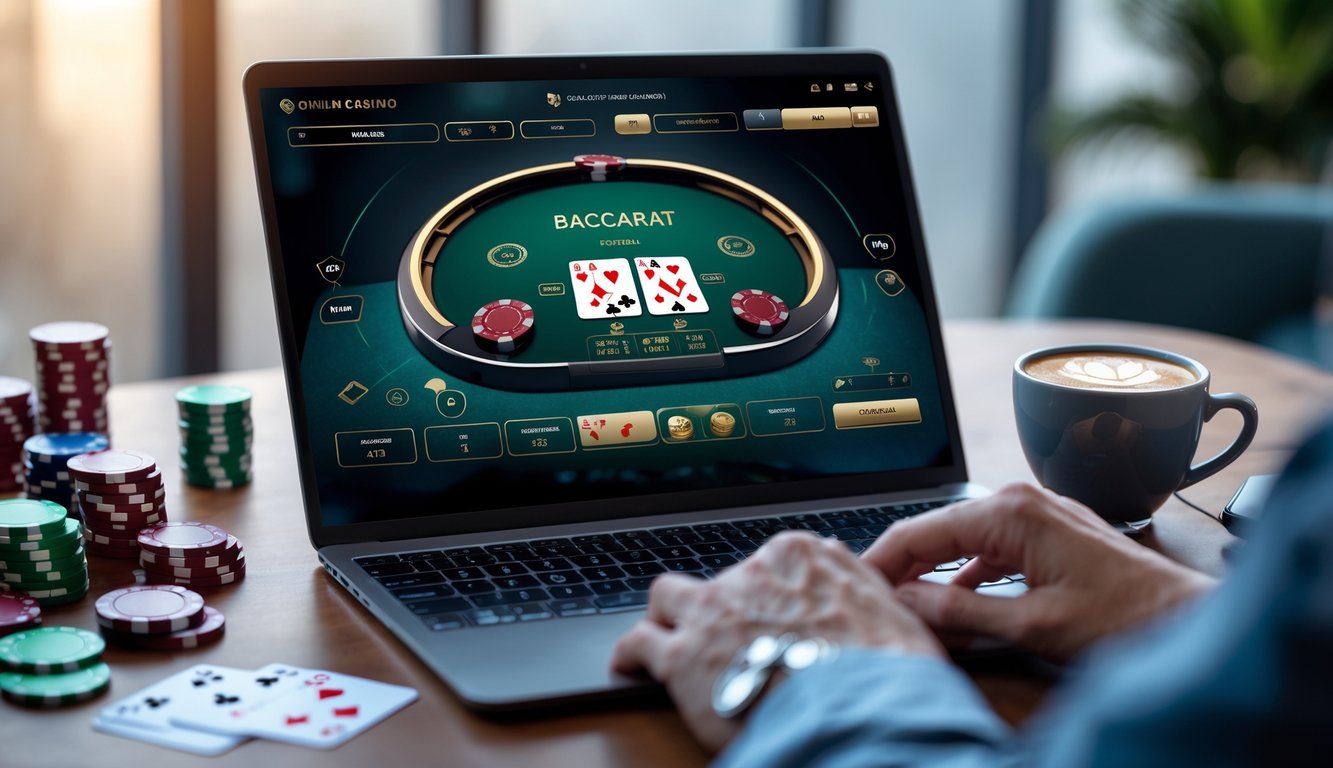 Seorang pemain sedang bermain Baccarat di komputer dengan chip poker dan kartu di sekitar meja permainan.