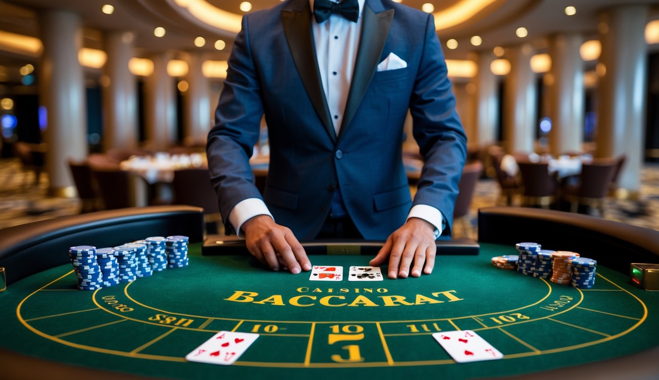 Seorang dealer di meja Baccarat di kasino dengan kartu dan chip tertata rapi, suasana mewah dan pencahayaan hangat.