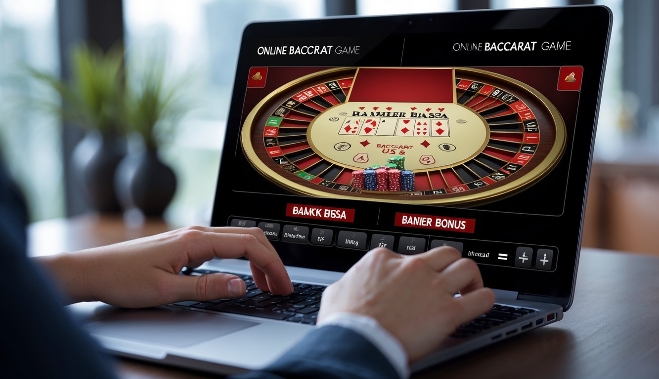 Seorang pemain sedang menggunakan laptop yang menampilkan permainan baccarat online dengan fokus pada tangan dan layar komputer.
