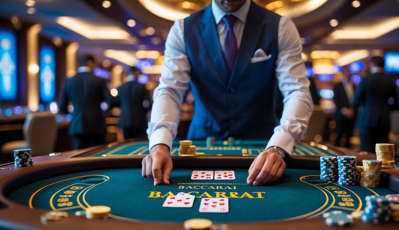 Seorang pemain dan dealer di meja Baccarat di kasino yang mewah, fokus pada kartu dan chip taruhan.
