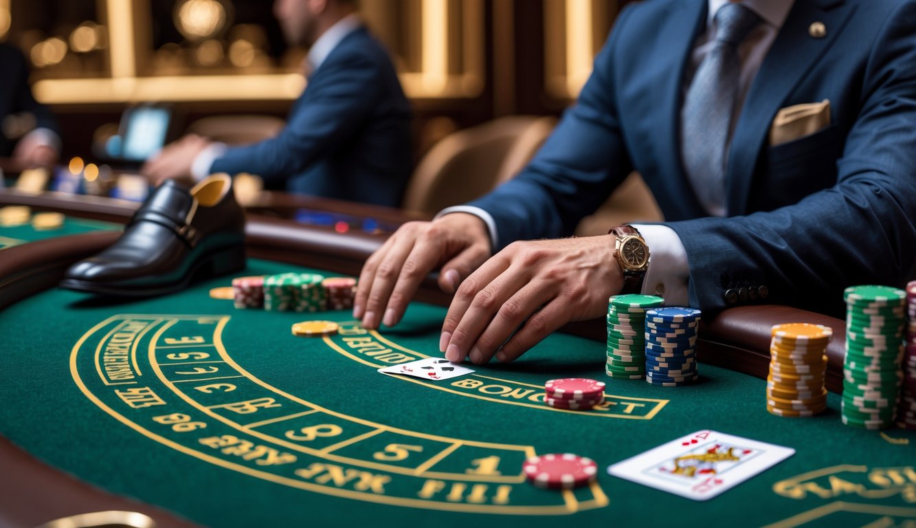 Seorang pria duduk di meja Baccarat di kasino, memasang taruhan dengan chip di area Banker Bonus dengan ekspresi fokus.