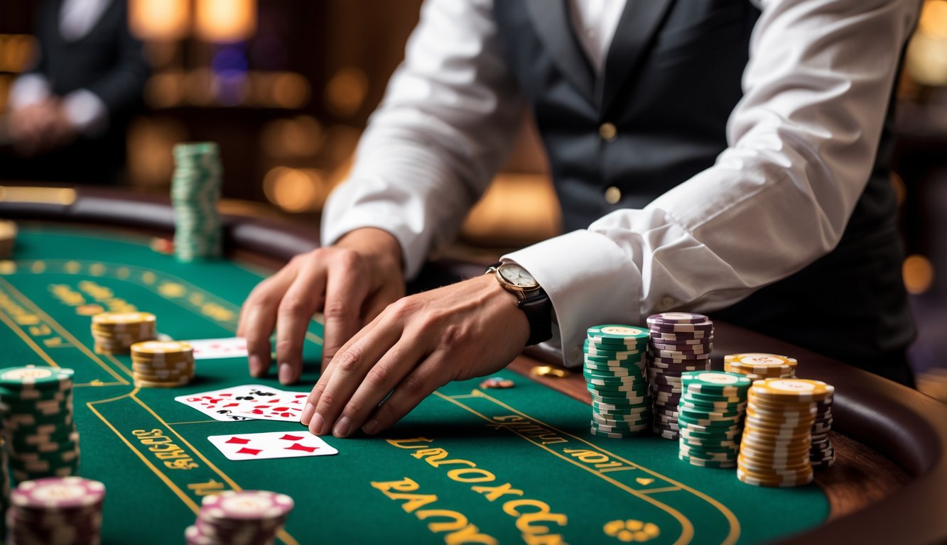 Meja baccarat live dengan dealer yang sedang membagikan kartu dan tumpukan chip di atas meja.