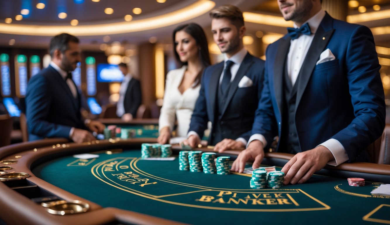 Pemandangan meja baccarat live dengan kartu dan chip, pemain dan dealer sedang bermain di kasino.