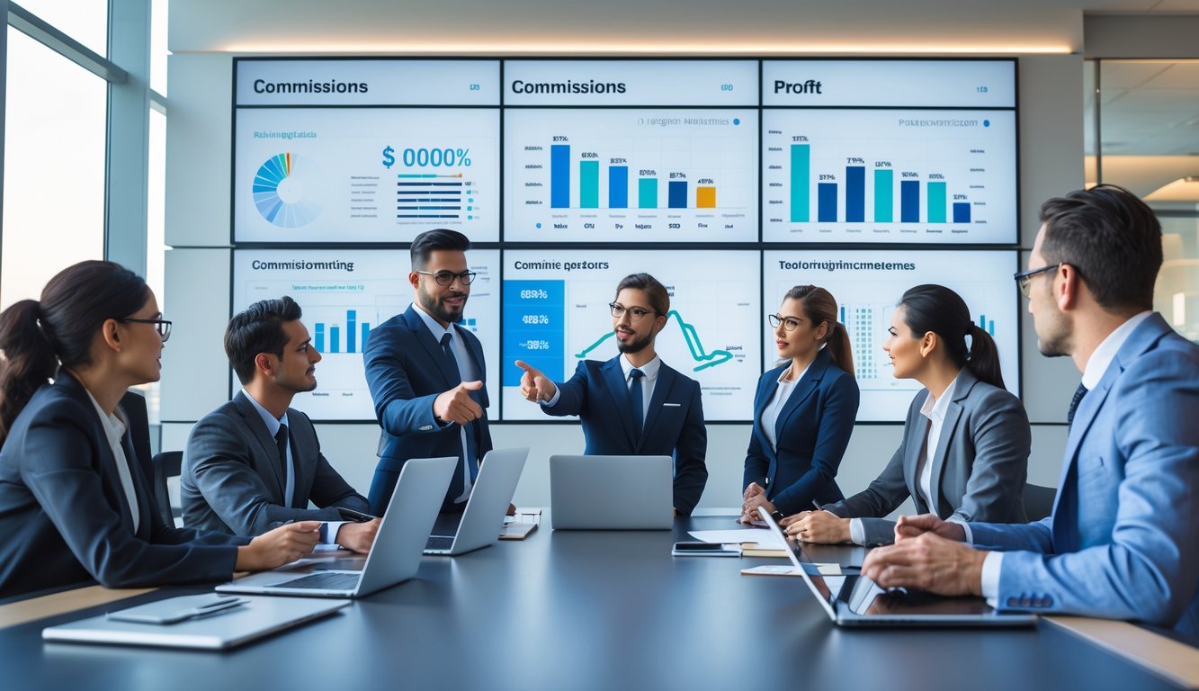 Sekelompok profesional bisnis sedang berdiskusi dan menganalisis data keuangan di ruang rapat modern.