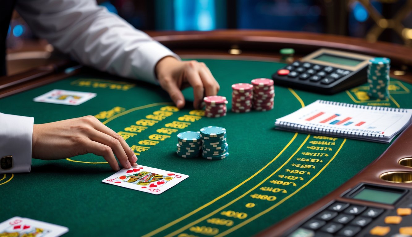 Meja permainan Baccarat dengan kartu, tumpukan chip, kalkulator, dan catatan perhitungan di sampingnya.