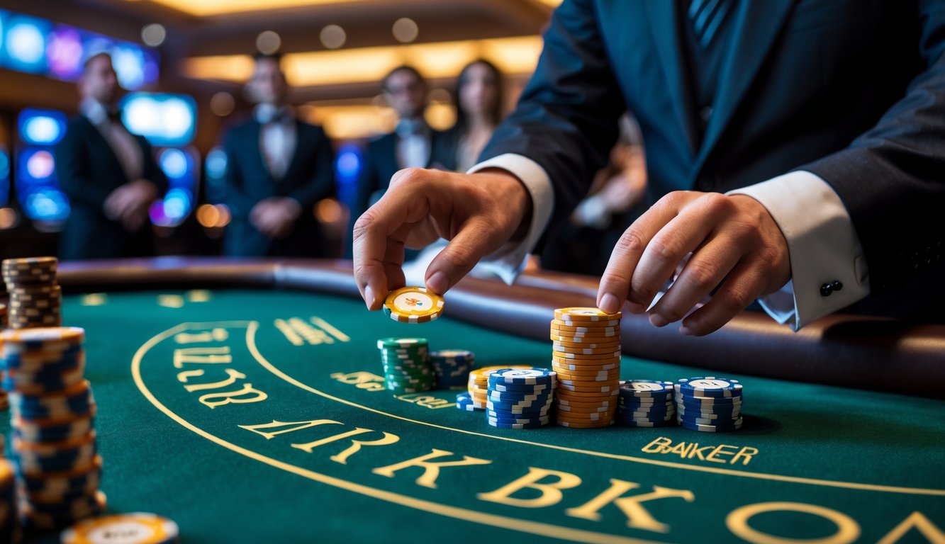 Tangan dealer sedang meletakkan chip pada area taruhan banker di meja baccarat dengan latar belakang kasino dan pemain yang memperhatikan.