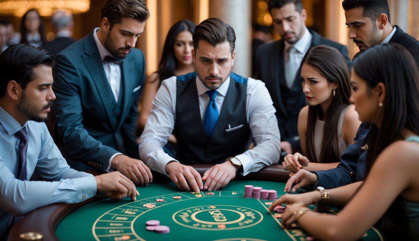 Seorang pemain di meja baccarat terlihat ragu saat memasang taruhan banker bonus, dengan dealer dan pemain lain di latar belakang kasino.