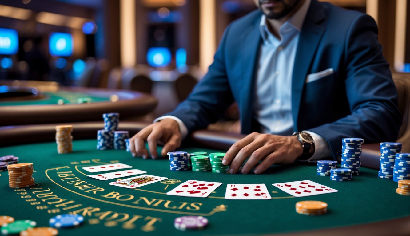 Seorang pria bisnis duduk di meja kasino dengan kartu baccarat dan chip, sedang fokus menganalisis strategi taruhan.