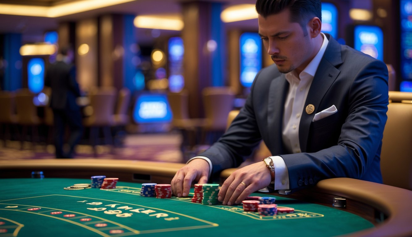 Seorang pemain di meja baccarat sedang menganalisis kartu dan chip dalam suasana kasino yang elegan.