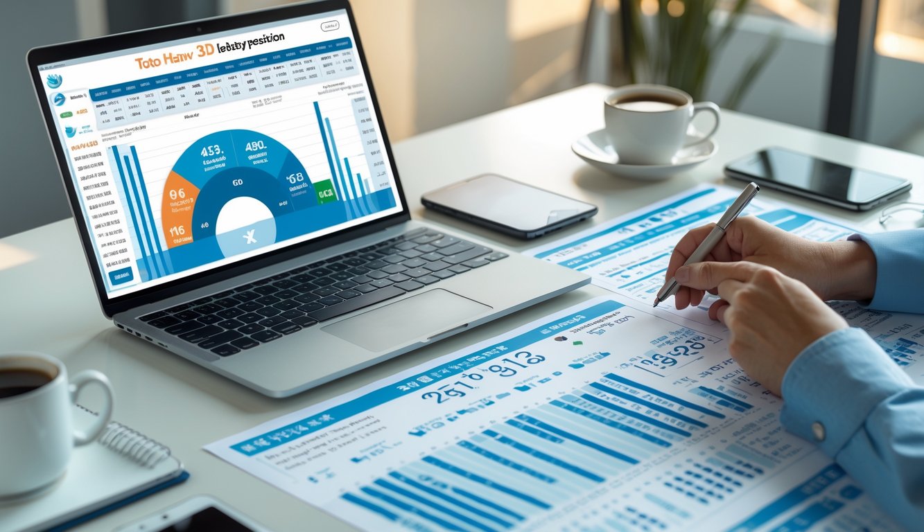 Meja kerja dengan laptop yang menampilkan data angka dan grafik, tangan seseorang sedang menganalisis lembaran angka, dengan kopi dan ponsel di sekitarnya.