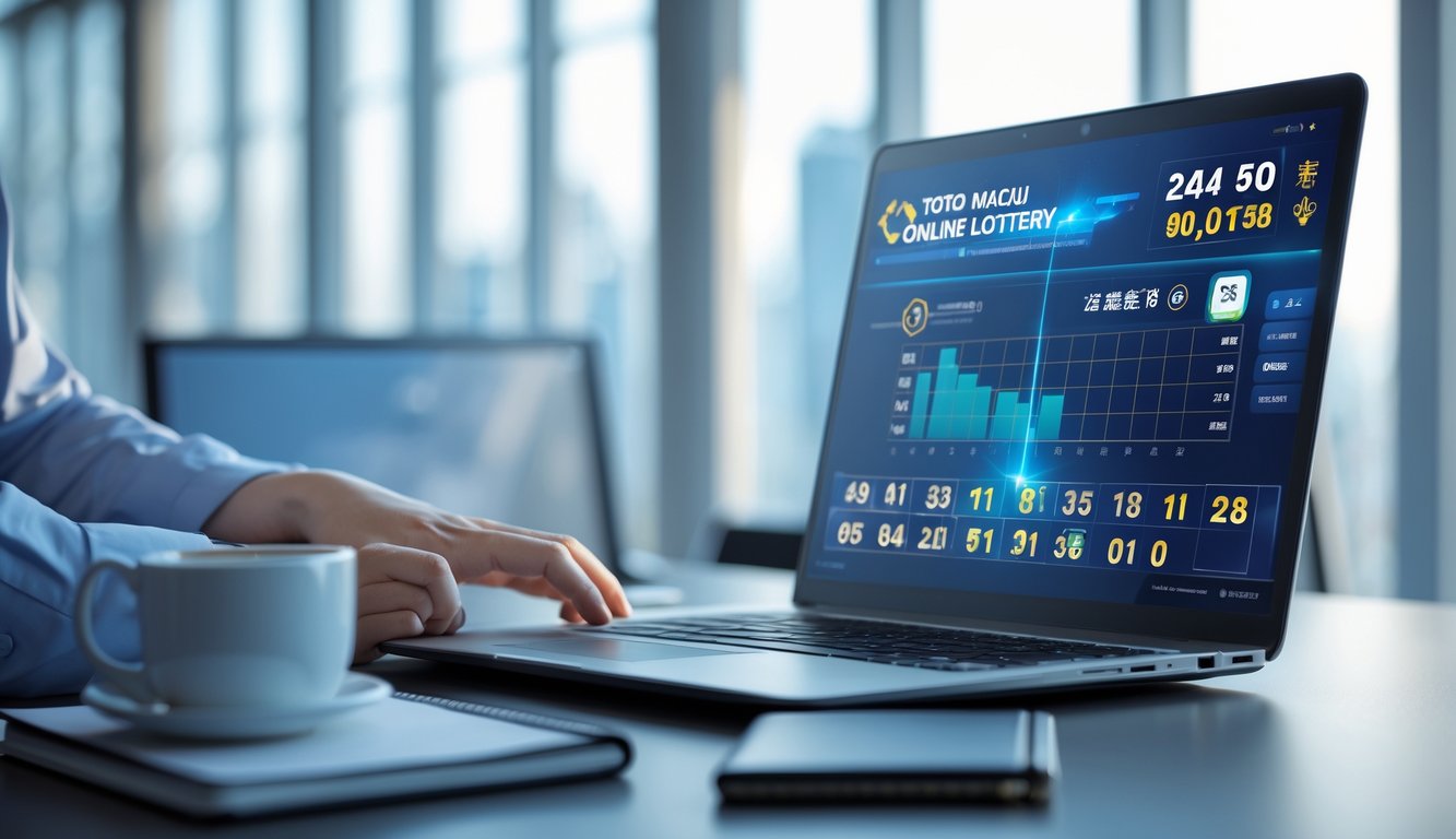 Seorang pria menggunakan laptop di meja kerja dengan tampilan angka dan grafik lotere di layar, di ruang kantor dengan pencahayaan alami.