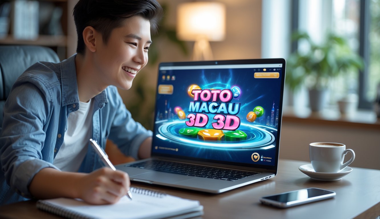 Seorang pemula muda sedang belajar bermain Toto Macau 3D online di depan laptop di ruang kerja rumah.