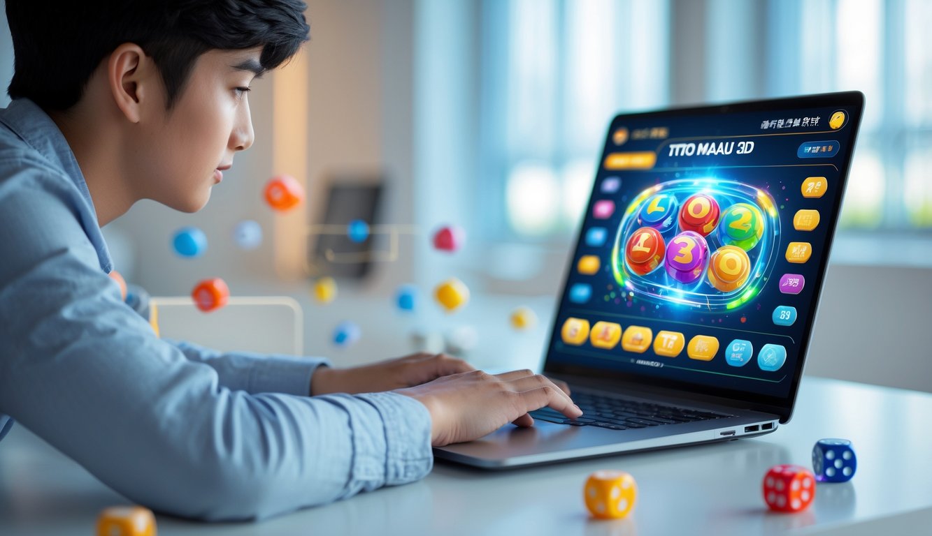 Seorang dewasa muda sedang menggunakan laptop dengan tampilan permainan Toto Macau 3D di meja kerja yang rapi dan terang.