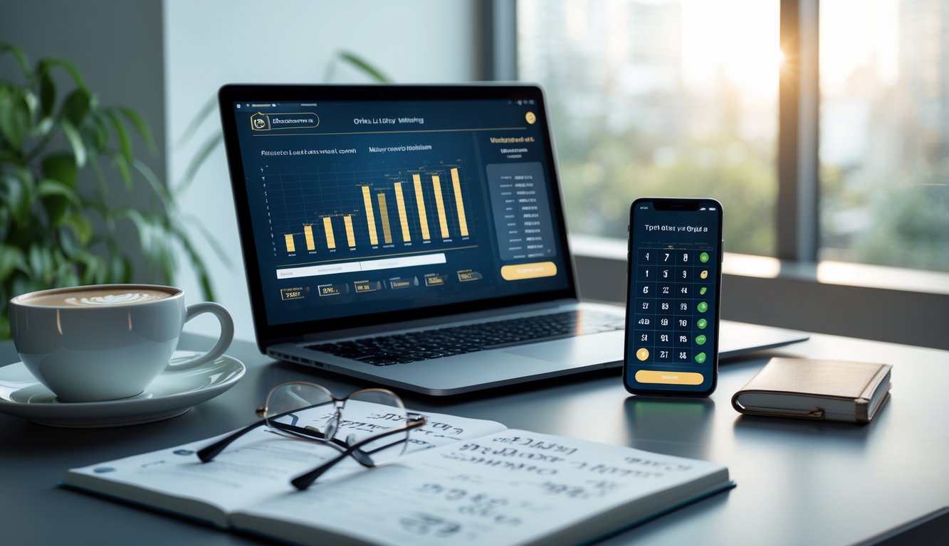 Meja kerja dengan laptop, ponsel, dan catatan yang menunjukkan aktivitas terkait permainan togel online.