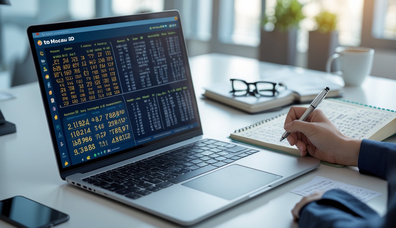 Seorang pria sedang menganalisis pola angka pada laptop di meja kerja yang rapi dengan catatan dan alat tulis.