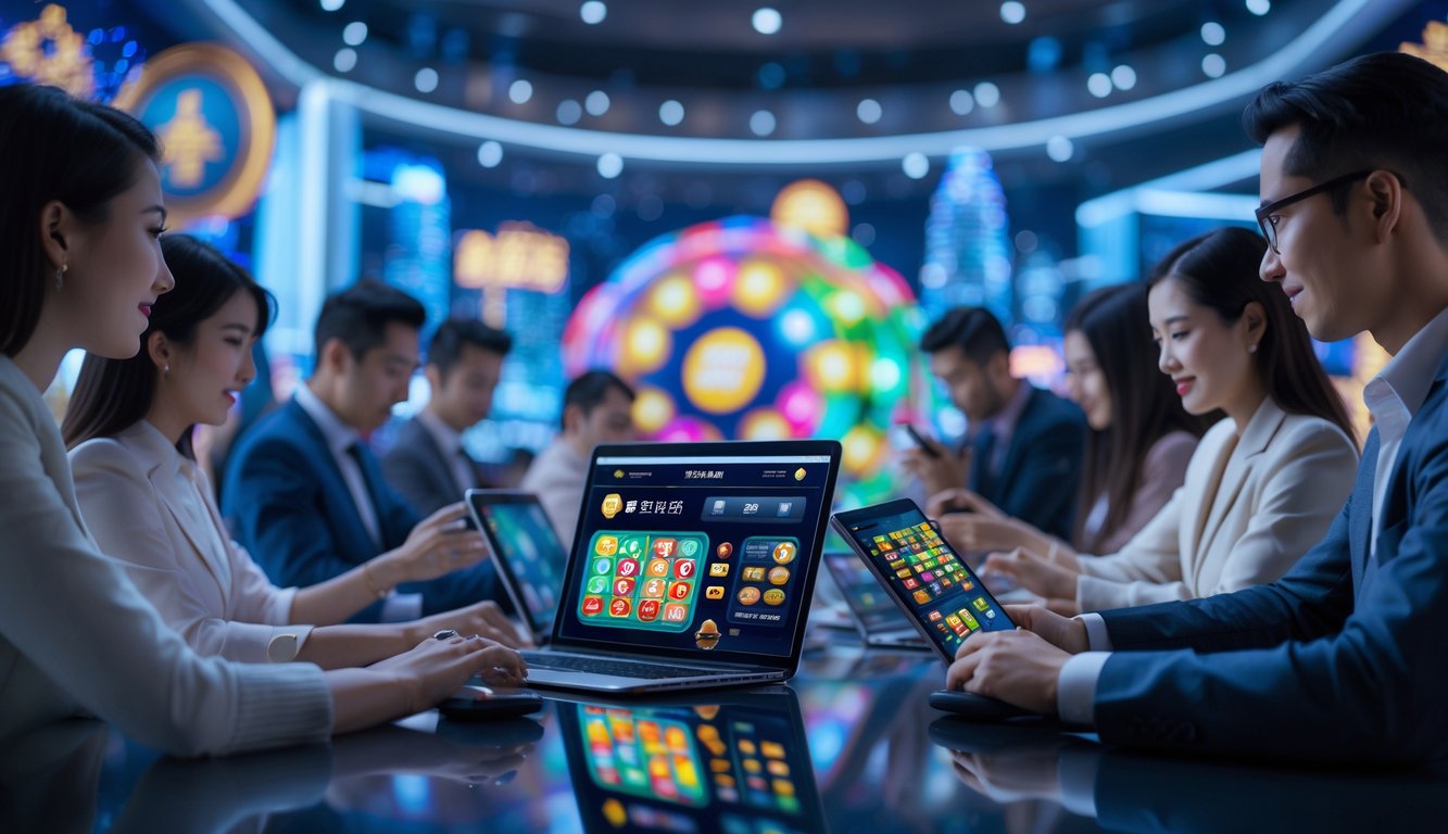 Orang-orang menggunakan perangkat digital untuk bermain lotere 3D online dengan latar belakang pemandangan kota Macau.