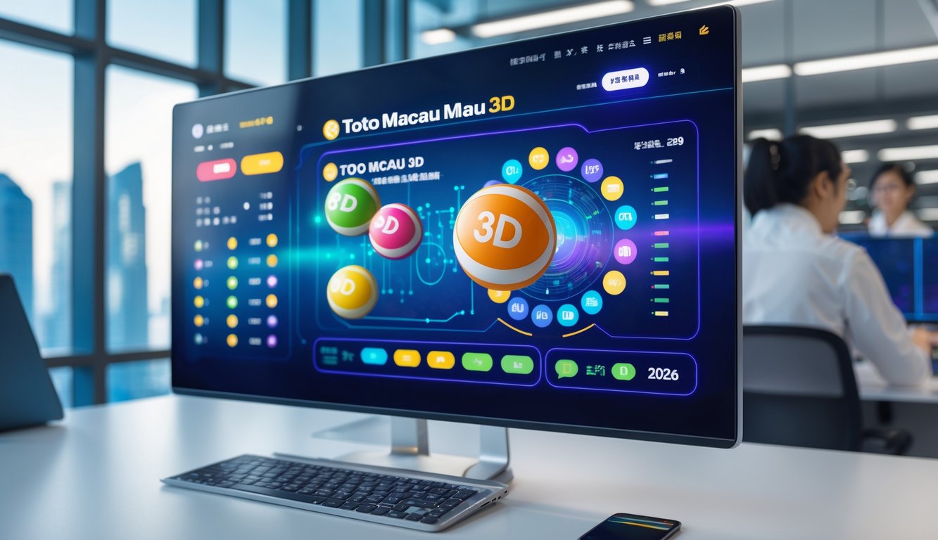 Suasana kantor modern dengan antarmuka digital 3D yang menampilkan elemen lotere dan statistik pasar, dengan pemandangan kota Macau di latar belakang.