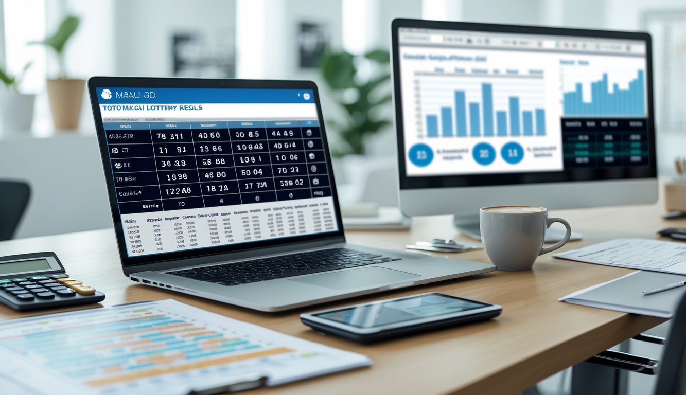 Seorang profesional sedang bekerja di depan laptop dengan data dan grafik analisis hasil togel Macau 3D di ruang kantor yang terang dan rapi.