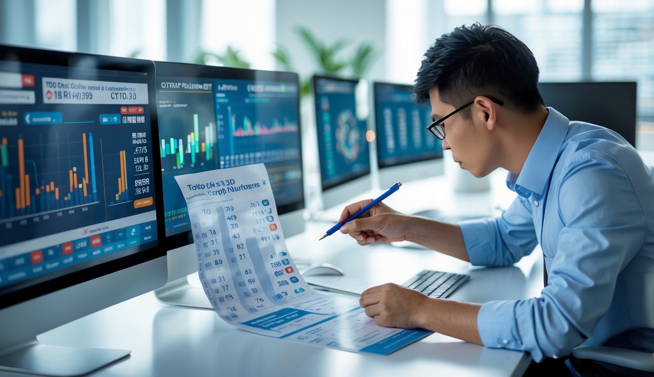 Seorang pria sedang menganalisis data hasil Toto Macau 3D di depan komputer di ruang kerja modern.