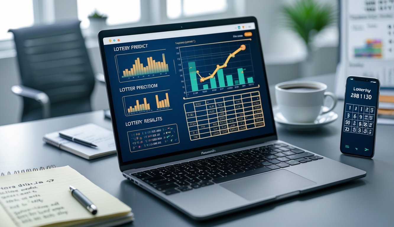Seorang profesional bekerja di meja dengan laptop dan ponsel yang menampilkan grafik statistik dan angka lotere dalam ruangan kantor yang terang.