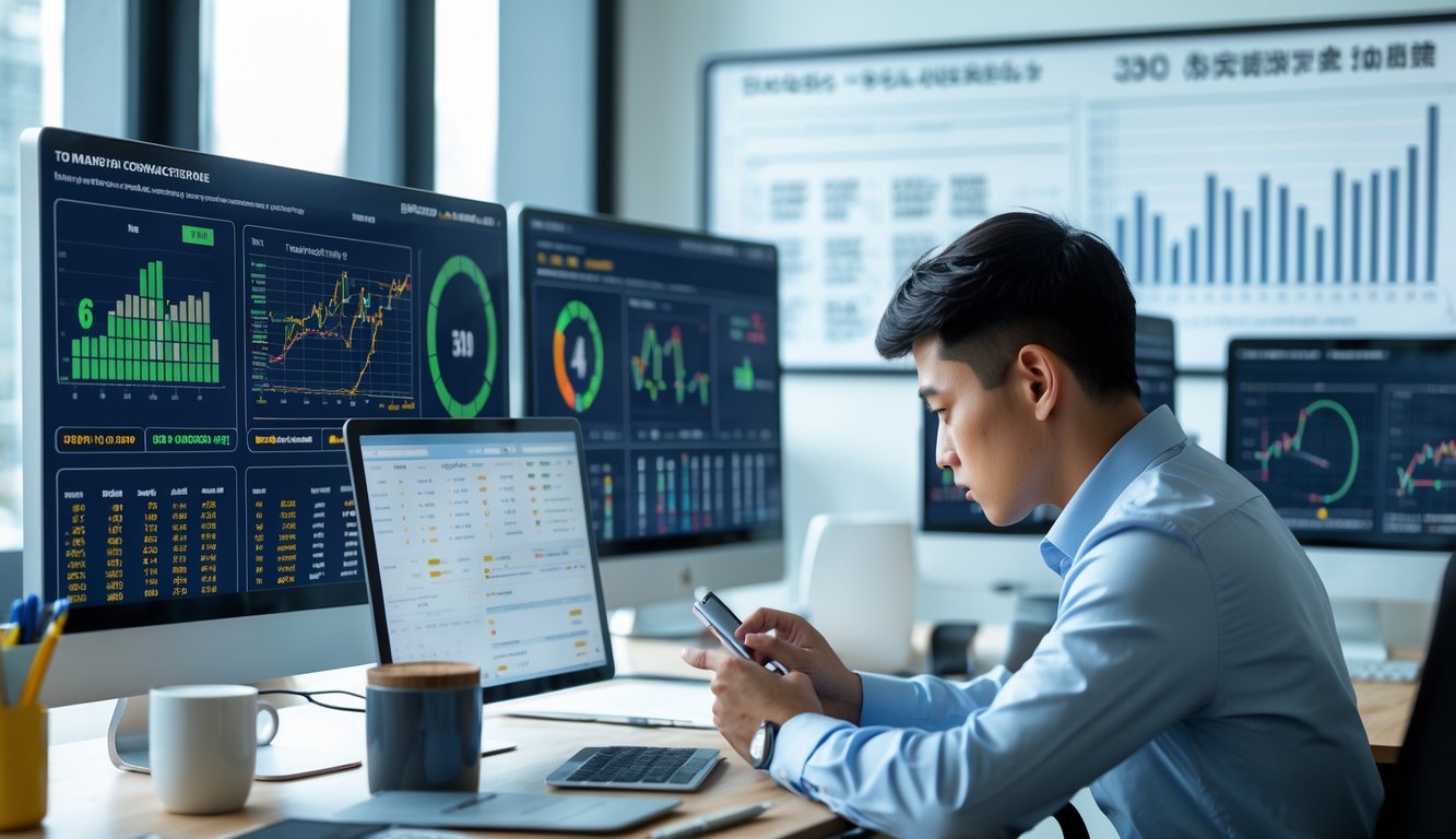 Seorang analis sedang bekerja dengan data statistik keluaran togel di kantor modern dengan beberapa layar komputer yang menampilkan grafik dan angka.