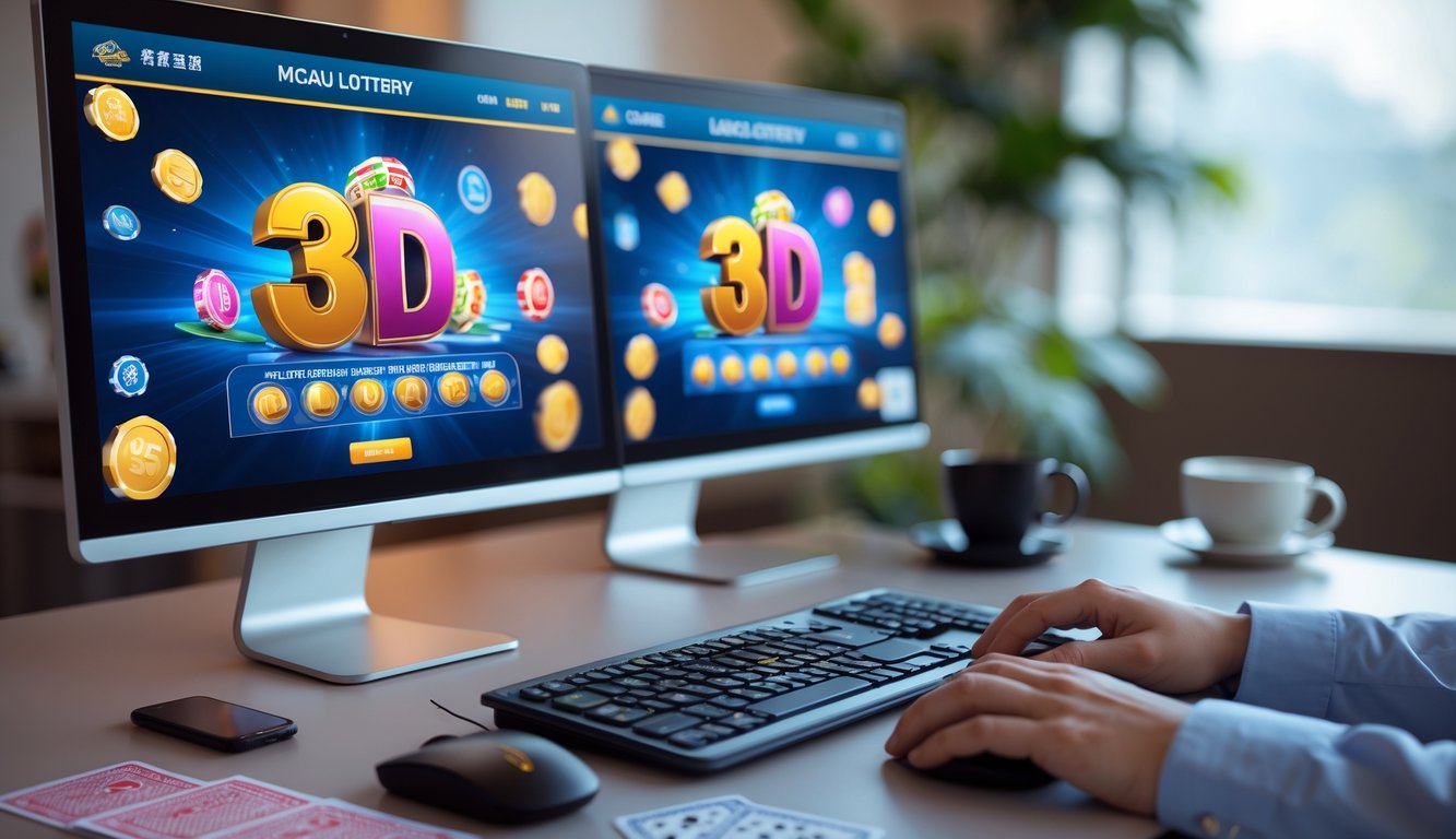 Meja komputer modern dengan dua monitor menampilkan grafik lotere 3D Macau, tangan seseorang menggunakan keyboard dan mouse di ruang kerja yang rapi.