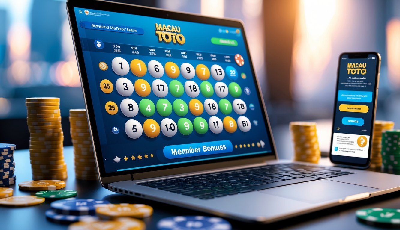 Sebuah meja kerja modern dengan laptop yang menampilkan antarmuka digital lotere dan elemen terkait judi online seperti chip kasino dan kartu remi.