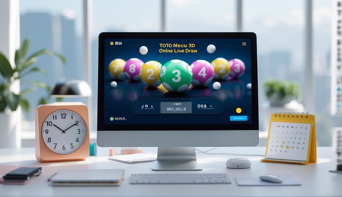 Sebuah meja kerja dengan layar komputer menampilkan bola lotere berwarna-warni, jam digital, dan kalender yang menunjukkan jadwal undian langsung Toto Macau 3D.