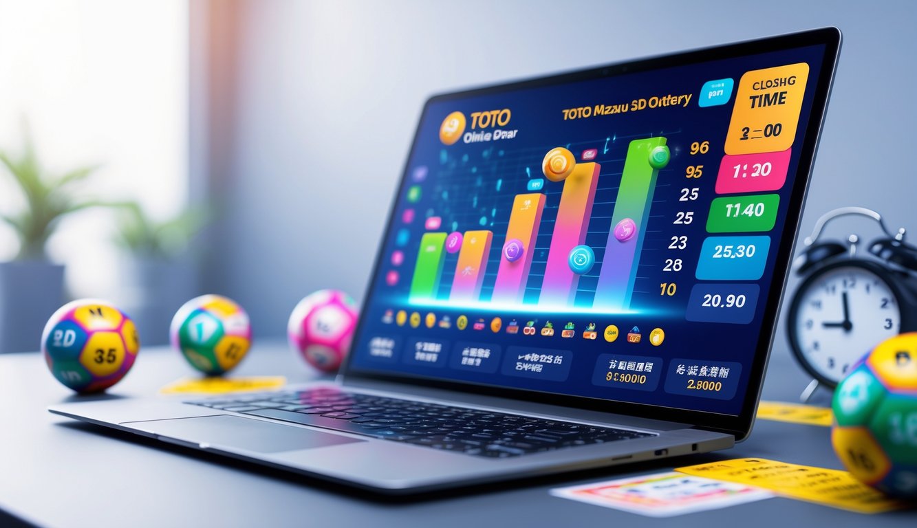 Sebuah layar komputer menampilkan antarmuka permainan lotere online dengan elemen angka dan grafik, dikelilingi oleh bola lotere dan jam, menunjukkan jadwal dan waktu tutup permainan.