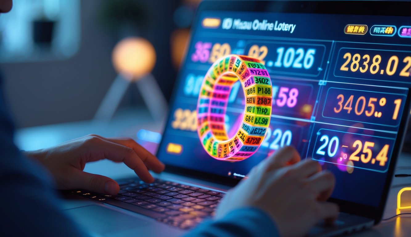 Seseorang menggunakan komputer dengan tampilan angka dan grafik 3D berwarna cerah yang menunjukkan permainan Toto Macau online.