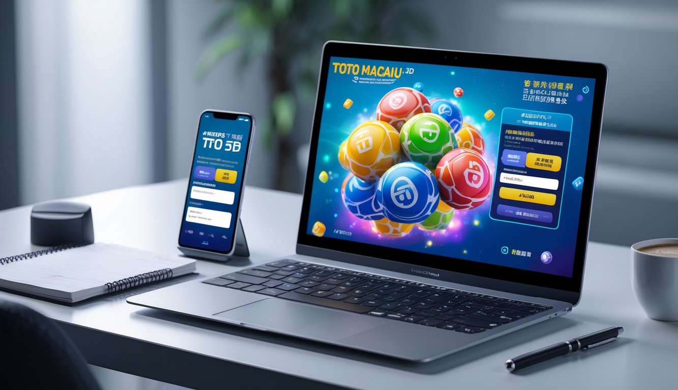Seorang pengguna sedang menggunakan laptop dan ponsel untuk bermain dan mendaftar permainan Toto Macau 3D online di meja kerja.