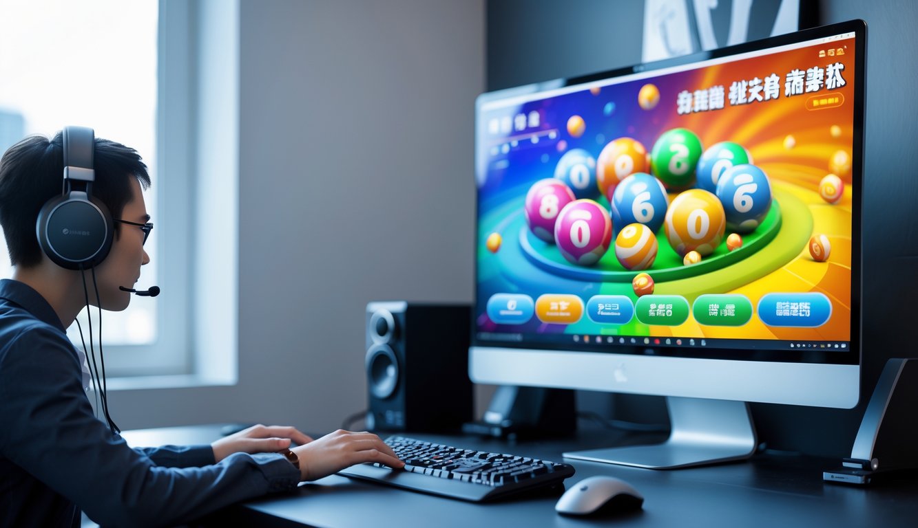 Sebuah meja komputer dengan layar menampilkan permainan 3D Toto Macau yang berwarna-warni di ruangan yang terang dan rapi.