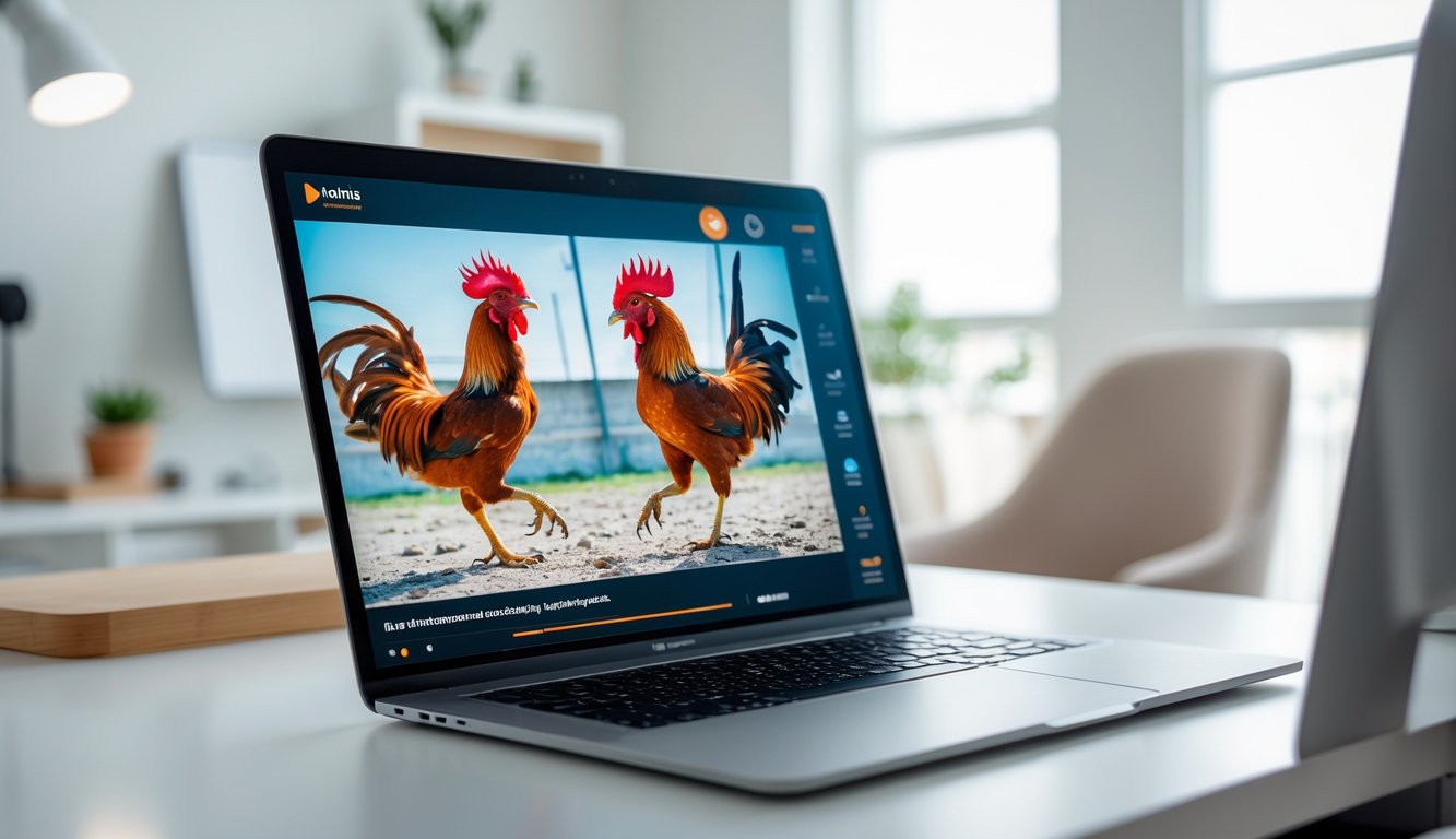 Seorang pengguna melihat layar komputer yang menampilkan siaran langsung pertandingan sabung ayam dengan gambar dua ayam jago sedang bertarung.